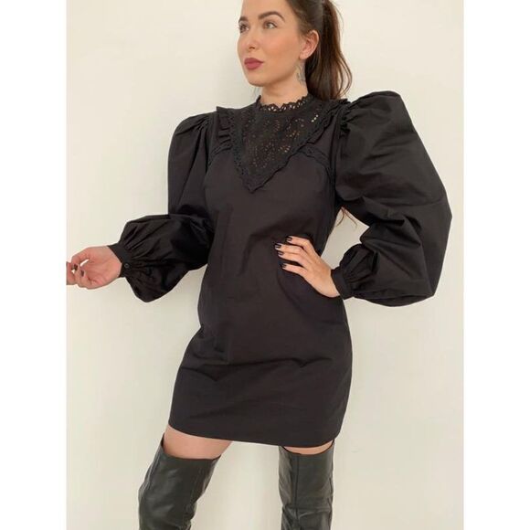 Black Short Dress Embroidered Balloon Sleeves Puff - Picture 7 of 8